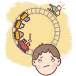 a visualisation of rumination as a person who's head is an eternally repeating train station for a toy freight train that goes round and round on a set of tiny tracks.