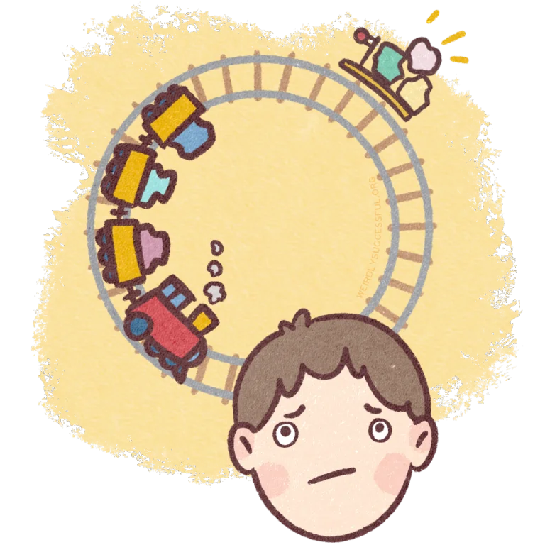 a visualisation of rumination as a person who's head is an eternally repeating train station for a toy freight train that goes round and round on a set of tiny tracks.