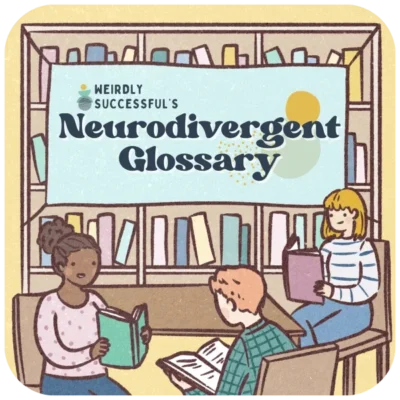 Neurodivergent Glossary logo image with people reading books in a library